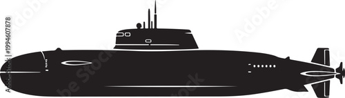 Black submarine, military vessel, navy boat, vector illustration