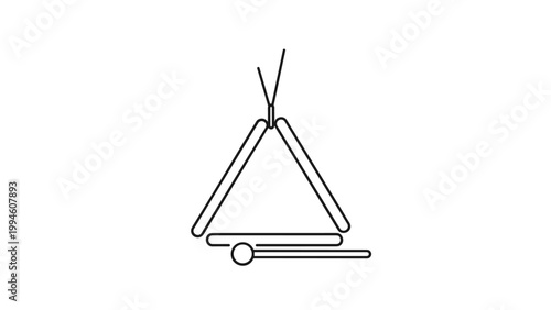 Minimalist line art illustration of a musical triangle instrument with a beater and a hanging string for orchestral performance.