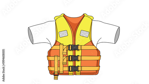 Bright yellow and orange life jacket displayed on a white t-shirt silhouette for water safety and marine protection.