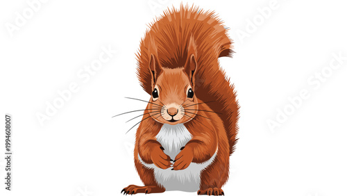 Fluffy brown squirrel sitting upright and looking forward with its large tail and small paws in a detailed animal illustration.