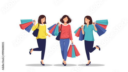 Group of cheerful young women carrying multiple colorful shopping bags while walking and smiling after a successful spree.