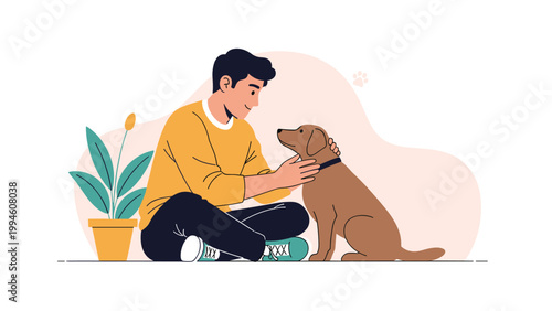 Happy young man sitting on the floor and petting his loyal brown dog in a peaceful home environment with a potted plant.