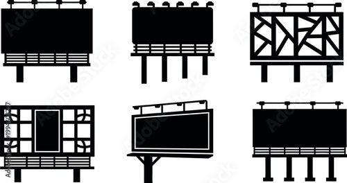 Minimalist flat design vector set of outdoor advertising billboards, ideal for marketing, urban planning, and commercial presentations.