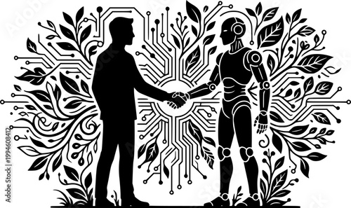 Black Vector Silhouette Human Robot Handshake AI Technology Nature Fusion Future Collaboration Flat