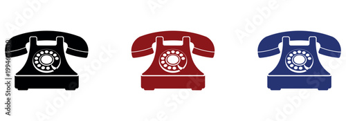 Set of three classic rotary dial telephones in vibrant colors, ideal for retro communication themes, business concepts, or nostalgic marketing materials.