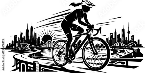Black Vector Silhouette Woman Cyclist City Skyline Urban Sport Active Lifestyle Flat Illustration