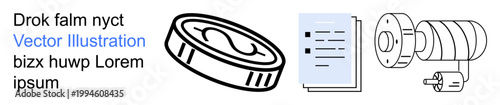 Finance, documentation, surveillance, business processes, contract management, security systems. A coin, document and surveillance camera. Finance and documentation combined with security