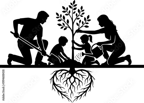 Black Vector Silhouette Family Planting Tree Roots Heart Eco Environment Love Community Flat Design