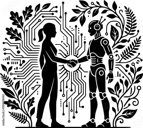 Black Vector Silhouette Human Robot Handshake AI Technology Nature Fusion Future Collaboration Flat