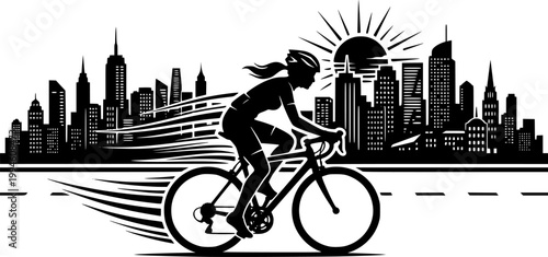 Black Vector Silhouette Woman Cyclist City Skyline Urban Sport Active Lifestyle Flat Illustration