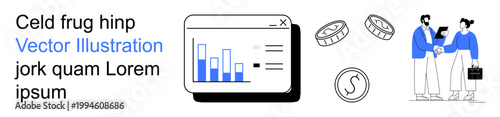 Financial planning, income growth, data visualization, economics, team collaboration, business analysis. Bar chart, coins and two businesspeople shaking hands. Financial planning and income growth