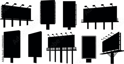 Minimalist flat design vector set of outdoor advertising billboards and display stands, ideal for marketing, urban planning, and media projects.