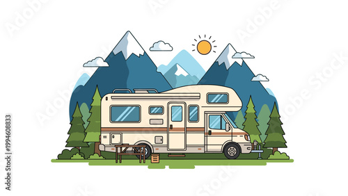 Large recreational vehicle parked in a scenic mountain landscape surrounded by green pine trees under a bright sun during a summer road trip.