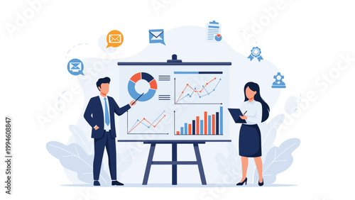 Professional man and woman presenting data analytics and financial reports on a large whiteboard in a modern corporate office environment.