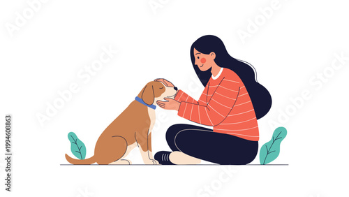 Young girl sitting on the ground happily petting her small brown and white dog in a peaceful outdoor setting with green plants in background.