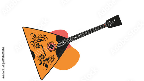 Traditional Russian balalaika musical instrument with a triangular wooden body and ornate black floral decorations on a white background.