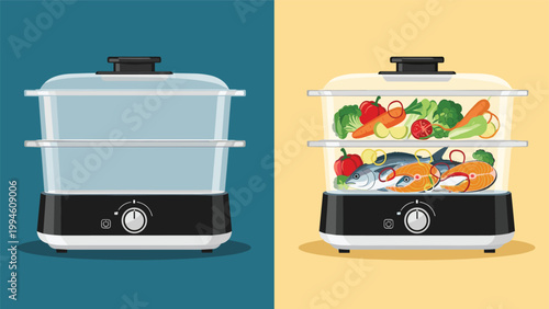 Electric kitchen food steamer shown empty and filled with healthy vegetables and fish for nutritious meal preparation.