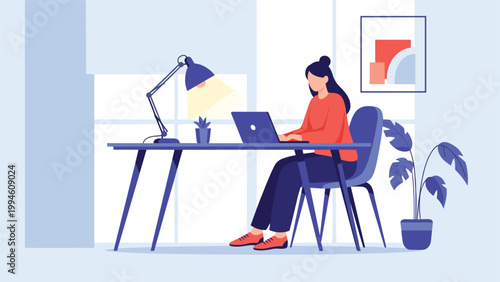 Young woman sitting at a desk and working on a laptop in a bright modern home office with a lamp and indoor plants.