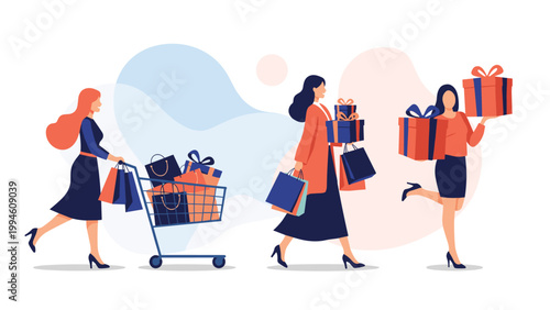 Group of stylish women walking with many shopping bags and a cart full of gifts against a soft pastel background.