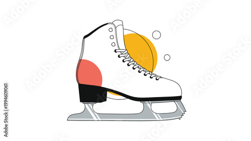 Classic white figure skate for ice skating sports with sharp metal blades and laces over abstract colorful circles.