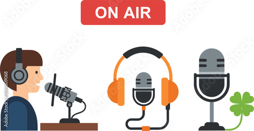 Podcast Recording Studio Illustration with Host Speaking into Microphone Headphones On Air Sign and Audio Equipment Flat Vector Design