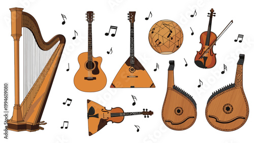Assortment of diverse musical instruments including a harp, guitar, violin, and balalaika with floating music notes.