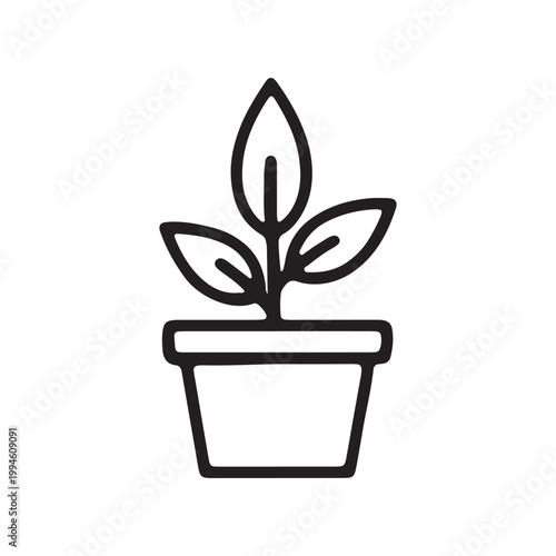 Plant, leaf, pot, icon, line art, minimalist, black and white, vector illustration