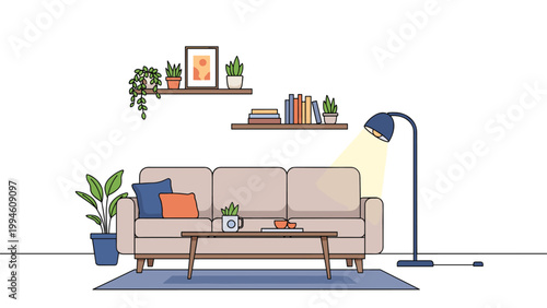 Cozy and modern living room design with a comfortable beige sofa, coffee table, wall shelves, and indoor house plants.