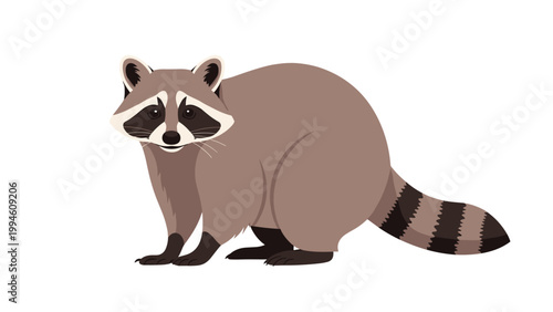 Detailed illustration of a wild raccoon standing on all four legs looking forward against a clean white background in a realistic vector style.