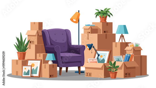 Collection of cardboard moving boxes stacked around a purple armchair and home decor items preparing for a major house relocation or shift.
