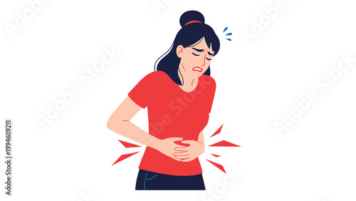 Young woman in a red shirt holding her stomach with a painful expression indicating indigestion or abdominal cramps from a medical condition.