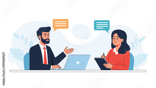Professional man and woman sitting at a desk having a business meeting or job interview with a laptop and colorful speech bubbles above them.