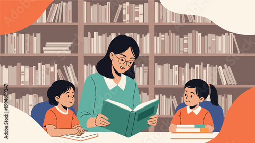 Professional teacher wearing glasses reading a book to two attentive young students in front of a large library bookshelf in a classroom.