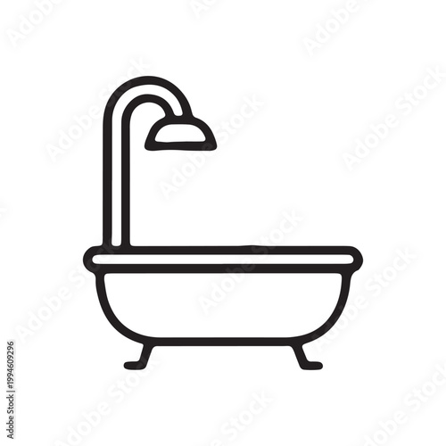 Bathroom, Bathtub, Shower, Vector Icon, Black Line Art, Plumbing Fixture