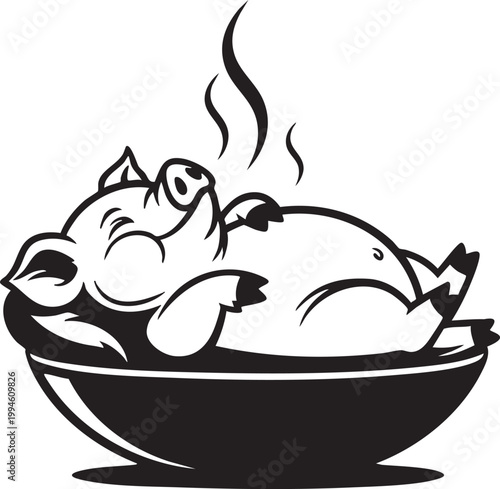 A plump cartoon pig with a curly tail and rosy cheeks standing upright plump pig black silhouette