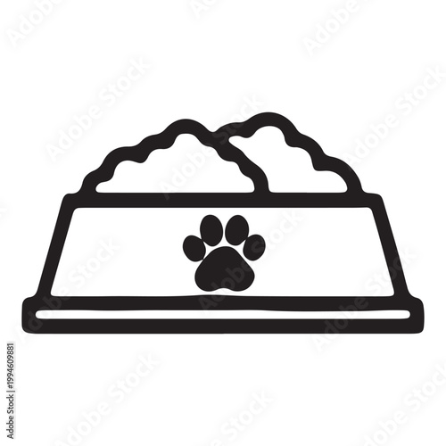 Pet food bowl icon, dog paw print, black line art, pet nutrition symbol