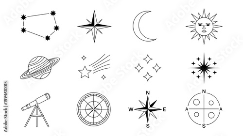 Space and navigation symbols collection with navigation celestial astronomy universe telescope