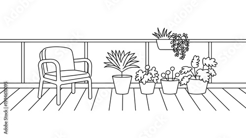 Balcony with chair and potted plants line art illustration furniture greenery
