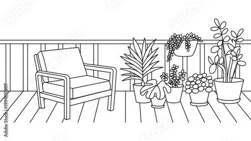 Patio with armchair and diverse potted plants line drawing armchair illustration furniture