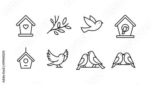 Bird and birdhouse icons: nature wildlife home symbols with birdhouse wildlife songbird outdoors