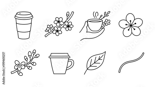 Beverage and blossom icons: coffee tea spring nature with takeaway fragrance beverage refreshment