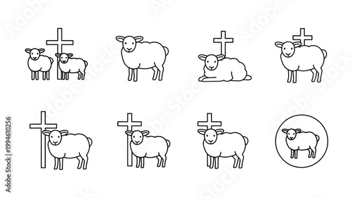 Outline icons of sheep and crosses representing faith and religion religious christianity illustration minimalist