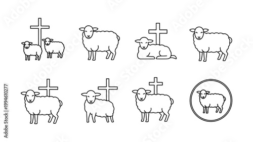 Outline icons of sheep and crosses representing faith and religion religious christianity illustration minimalist
