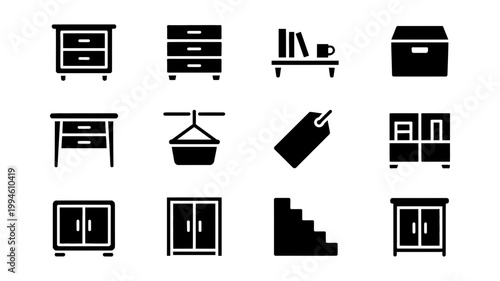 Set of furniture and storage icons black vector graphics furniture nightstand bookshelf wardrobe illustration