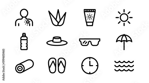 Summer protection and beach icons set line drawing graphics protection sunscreen sunglasses umbrella vacation