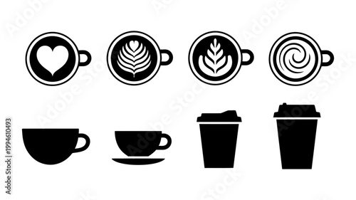 Coffee cup icons with latte art and to-go cups container beverage caffeine illustration silhouette collection