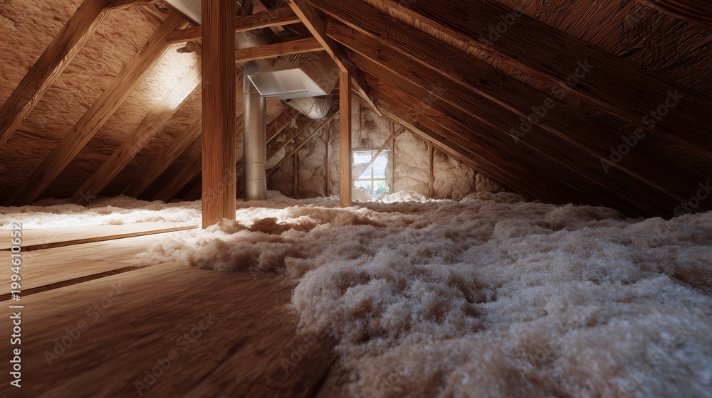 Fototapeta premium Attic space with exposed rafters, loose-fill insulation, wooden floor and a single worker access hatch suggesting attic insulation and energy audit assessment.