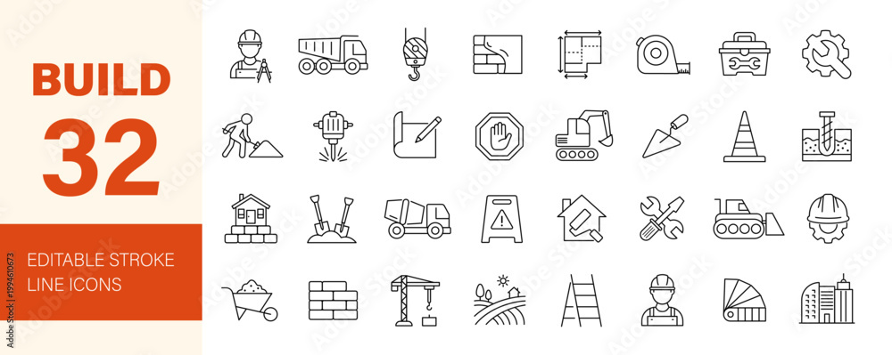 Obraz premium Build and construction icon set. Editable line icons. Vector illustration.