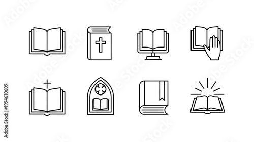 Religious and faith icons: open books bible cross church window with religious knowledge scripture christianity