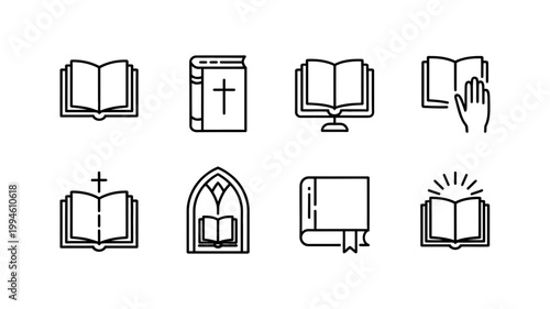Religious and faith icons: open books bible cross church window with religious knowledge scripture christianity